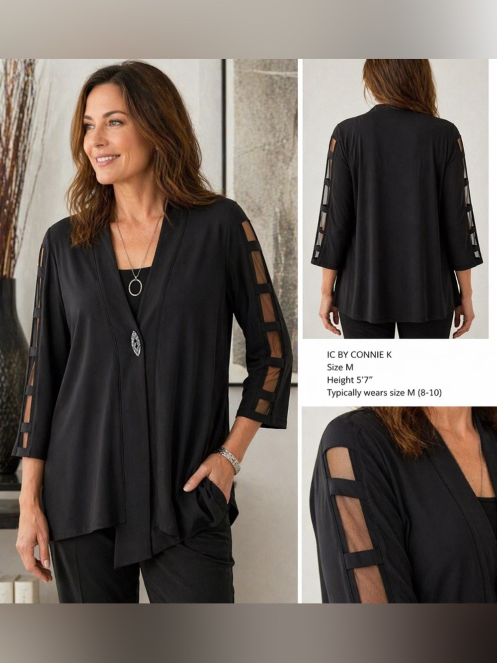 IC Connie K Cardigan Blouse Womens M Black Sheer Sleeves Career Lagenlook Top